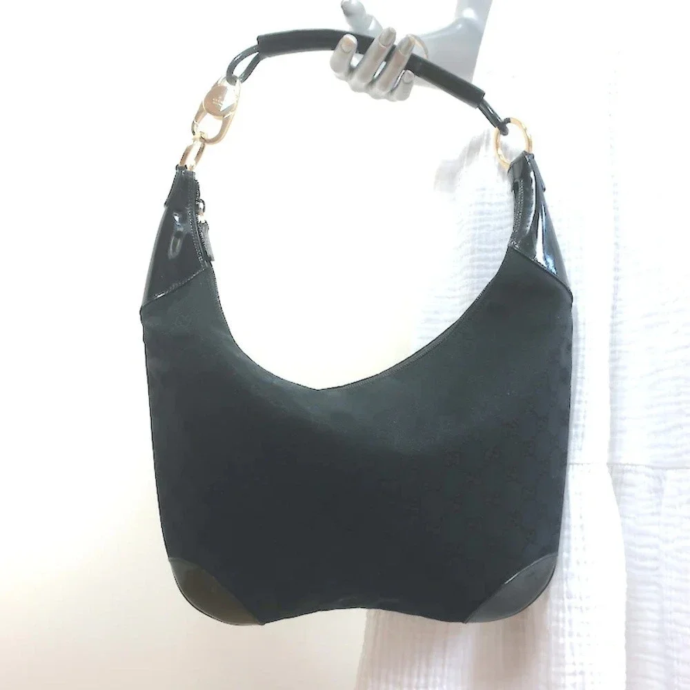 Gucci Monogram Hobo Black Patent Leather-Trim Canvas Medium Shoulder Bag - Picture 1 of 12